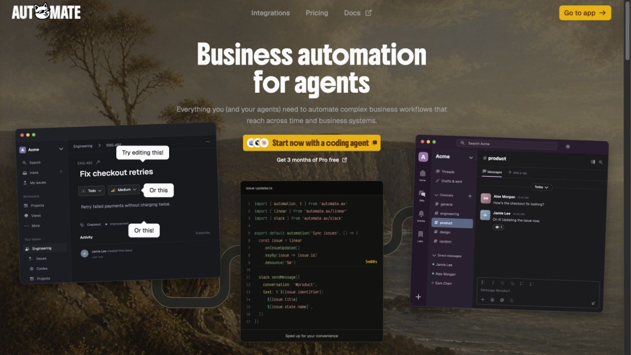 Automate.ax homepage showing a code-driven automation